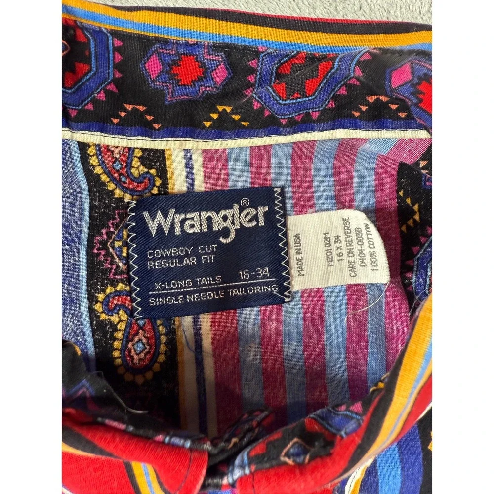 Vtg Wrangler X Long Tails Shirt Mens 16 34 Red Blue Aztec Cowboy Cut Western USA